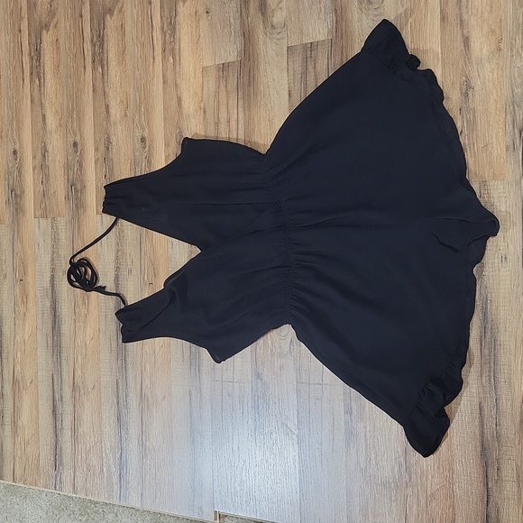 ASTR The Label - Black Sheer Overlay V-Neck Sleeveless Ruffle Embellished Romper - Picture 7 of 16